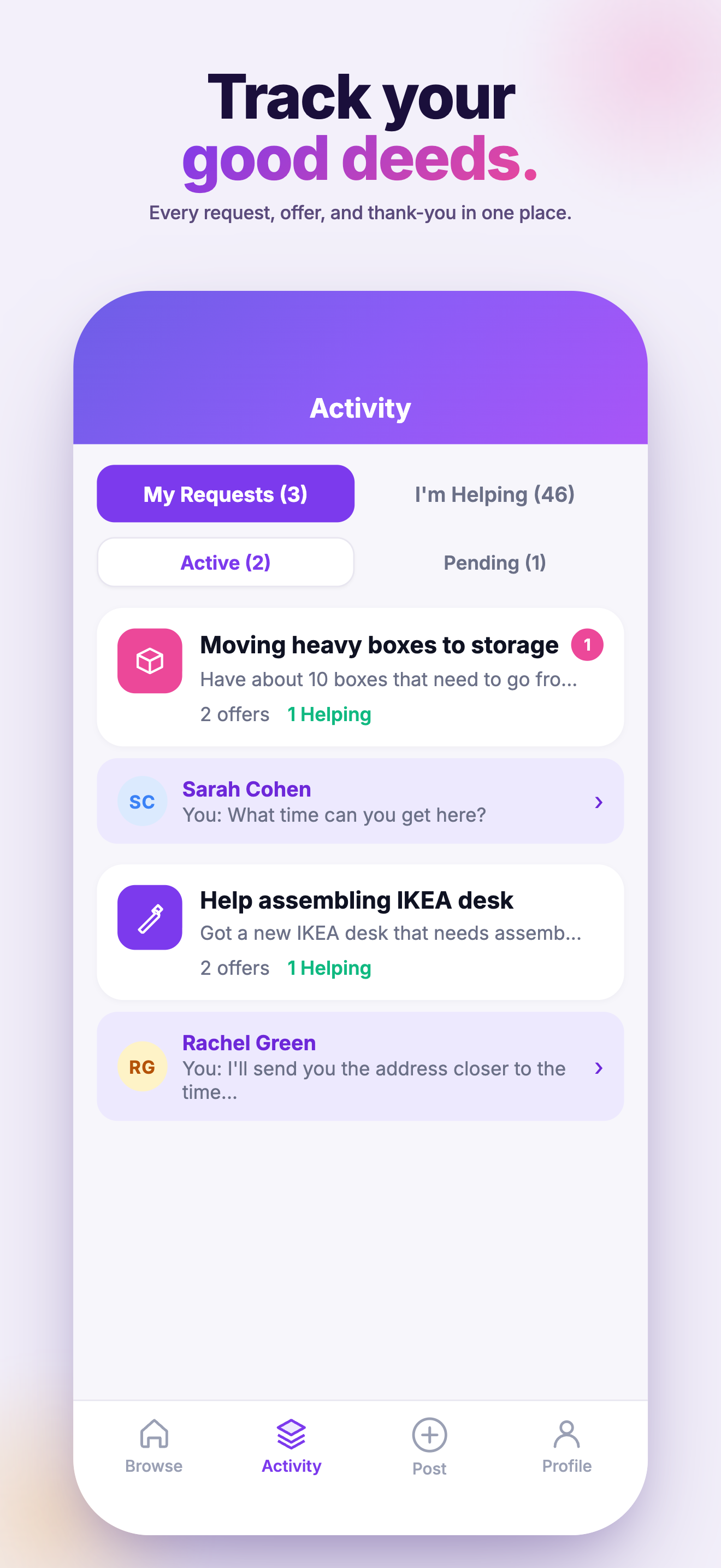 Activity screen, manage your requests