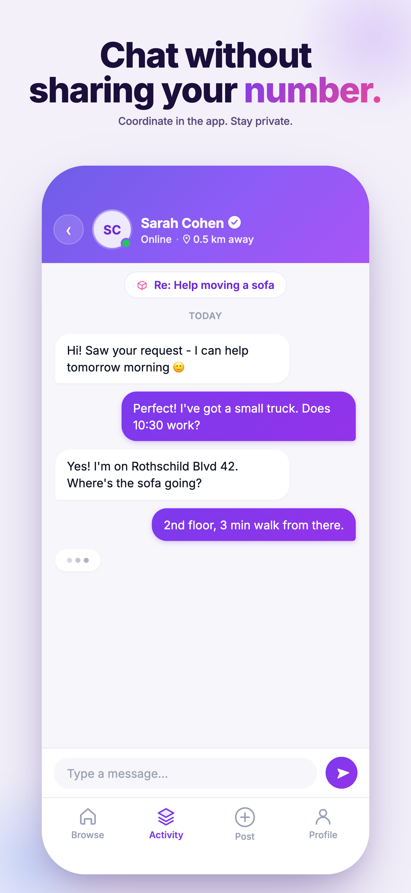 Chat screen, real-time messaging