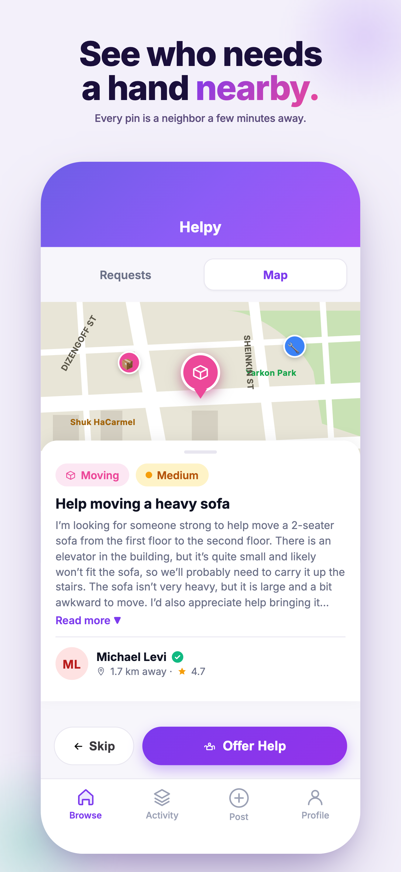 Map view, pins for nearby help requests