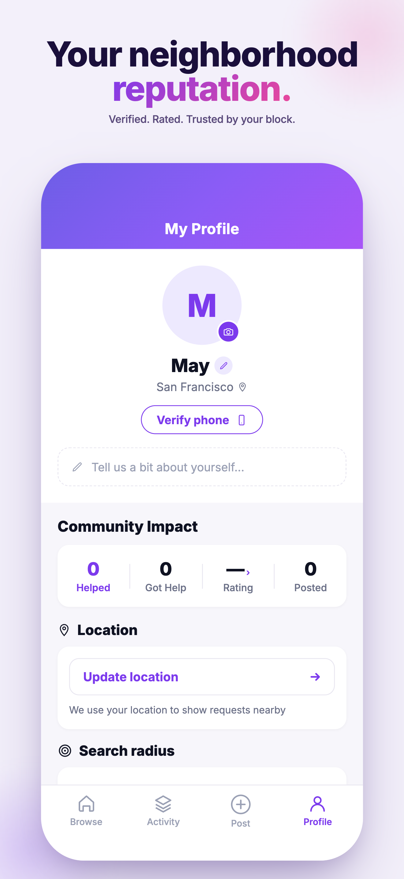 Profile screen, your community identity